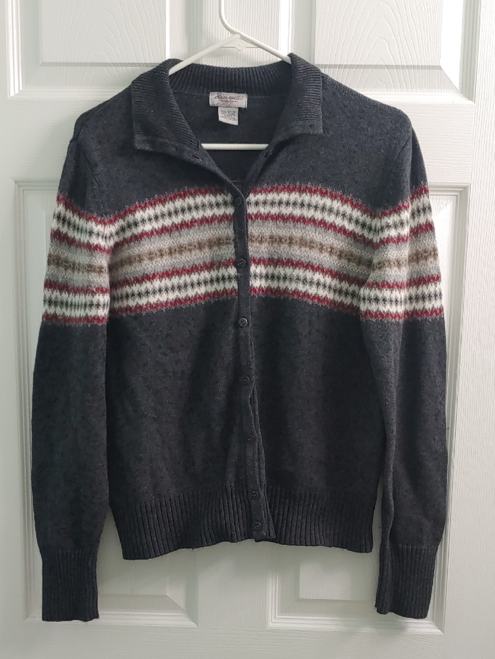 Vintage Eddie Bauer Fair Isle Cardigan Women's Soft Grey Sweater Size L